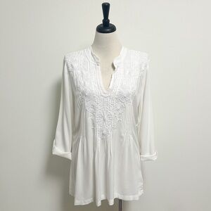 Lilly Pulitzer White Floral Embroidered Pleated Roll Tab Sleeve Rayon Top Large